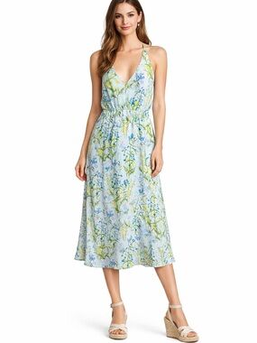 Adelyn Rae Floral Halter Midi Dress Open Back Blue /Yellow Flowy Boho Summer M